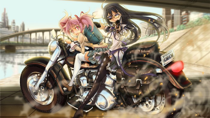 Homura and Madoka on a motorcycle from Mahou Shoujo Madoka Magica