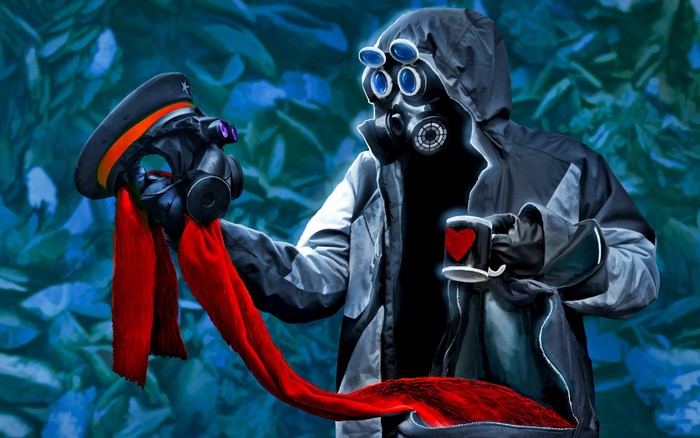 Romantically Apocalyptic character with gas mask and scarf