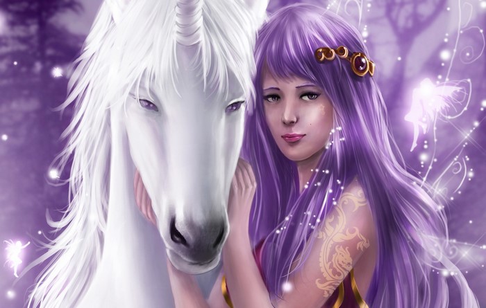 A woman with purple hair and a white unicorn