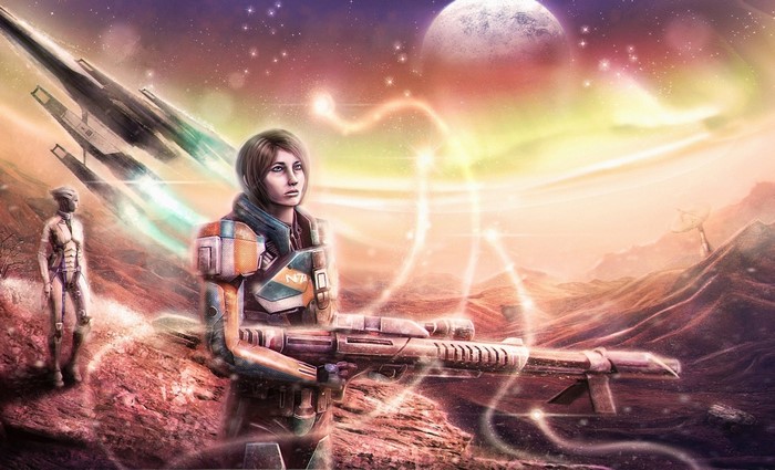 Commander Shepard with a rifle on an alien planet