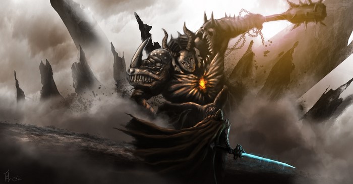 Warrior with glowing sword fights a monstrous beast