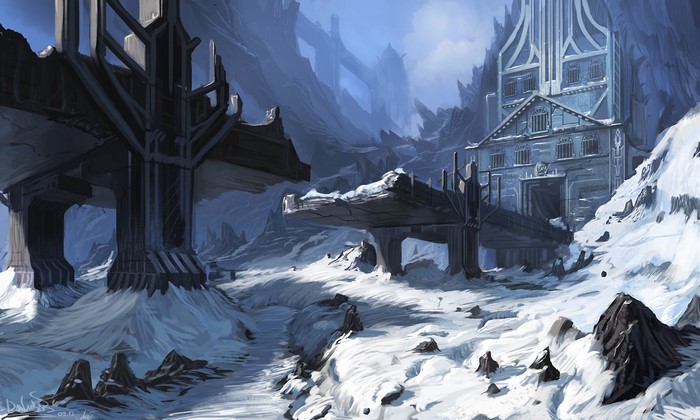 Ruined structures in a snowy, mountainous fantasy landscape