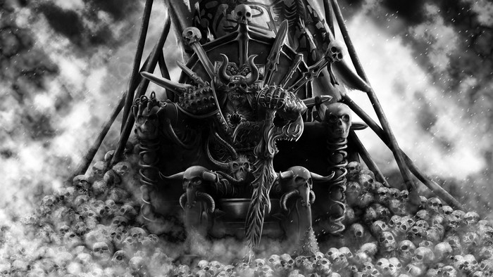 A demonic figure on a throne of skulls