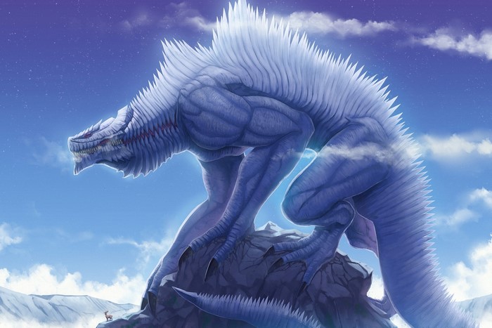 A large blue monster with white spikes on its back stands on a rocky outcrop.