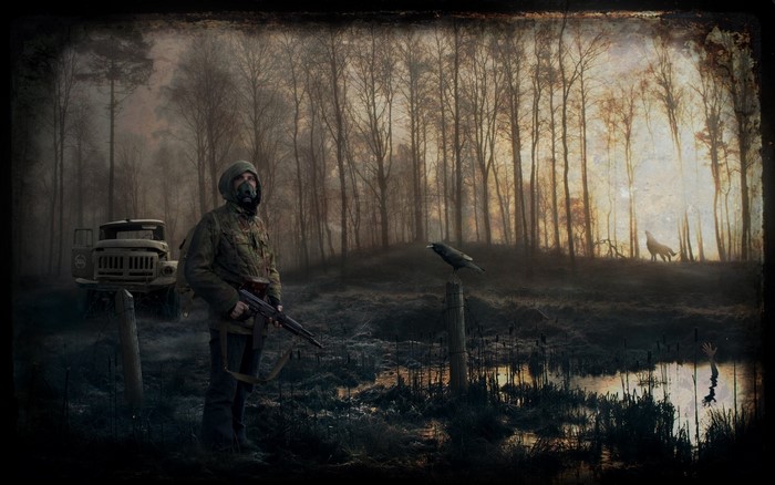 Stalker in a swamp with a truck and a wolf