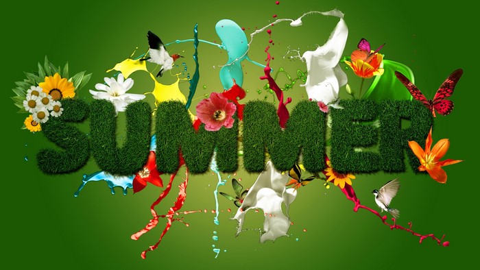 Summer text with flowers, butterflies, and birds