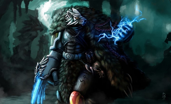 Wolf warrior with lightning in a cave