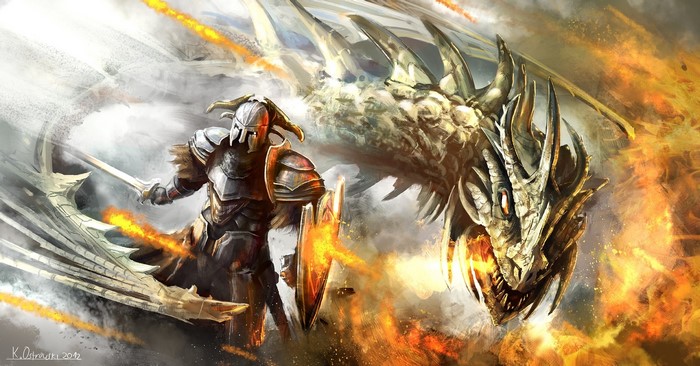 Warrior fights a dragon with fire and sword