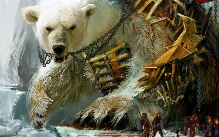 Giant polar bear with chains and wooden structures