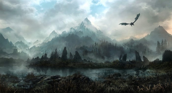 Dragon flying over misty mountains and lake