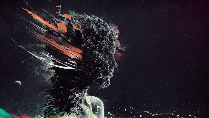 Abstract digital art of a dissolving human head