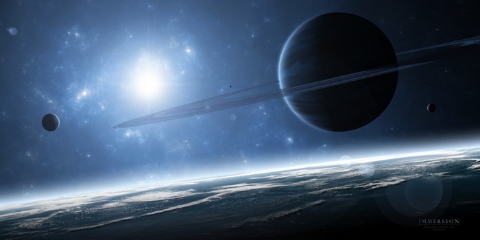 Planetary rings and moons in space