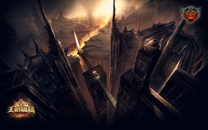 Fantasy landscape with swords and ancient architecture