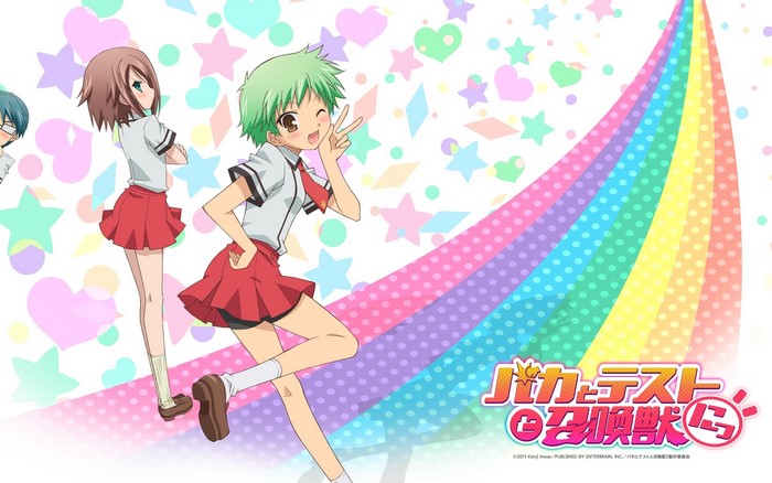 Baka and Test Shoukanjuu characters with rainbow background
