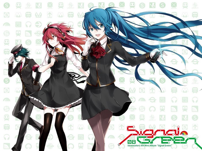 Three anime characters with blue, red, and green hair, Sevencolors 4th Mini Album "Signal Green"