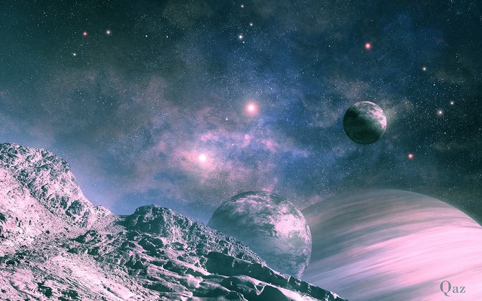 Planets and rocky surface in a starry nebula