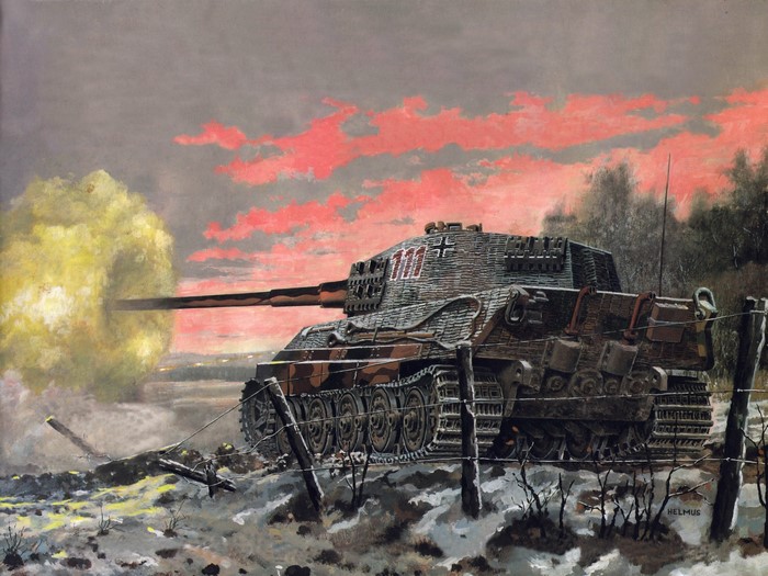 King Tiger tank firing during sunset