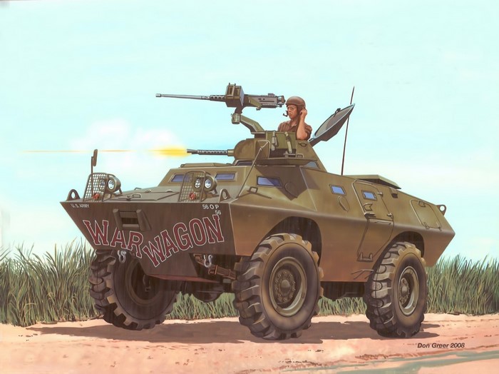 Painting of a U.S. Army "War Wagon" APC firing