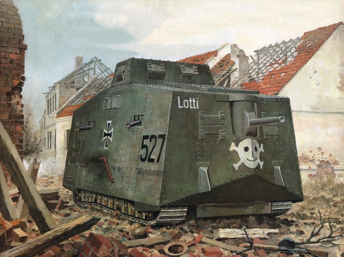 A7V Lotti tank in a destroyed town