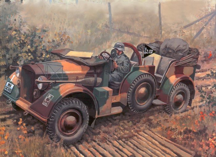 German soldier in camouflage vehicle with radio