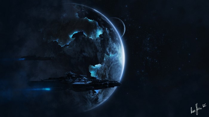 Spaceships near a glowing planet and moon