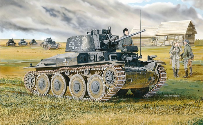 Painting of Pz.Kpfw. 38(t) tanks and soldiers