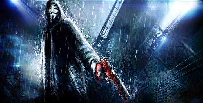 V from V for Vendetta holding a gun in the rain