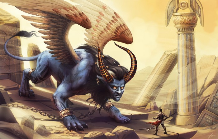 Winged blue monster with horns chained in ruins