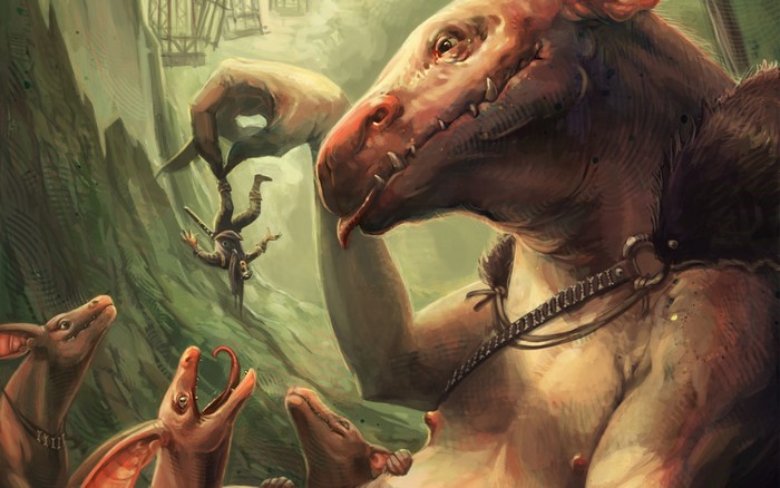 Giant monster holding a small person, surrounded by smaller creatures