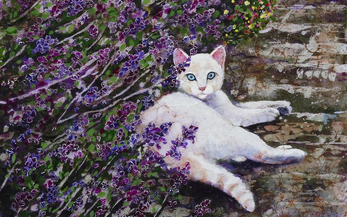 White cat with blue eyes among purple flowers