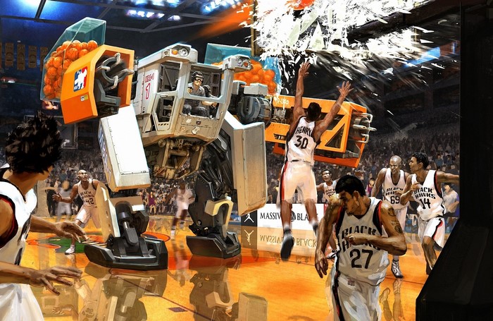 Basketball game with giant robot