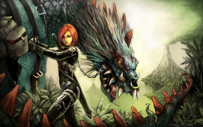 Girl with sword and dragon in jungle with volcano
