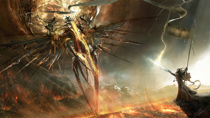 Giant creature battles a warrior with a sword