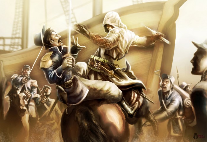 Assassin from Assassin's Creed 3 fighting soldiers on horseback