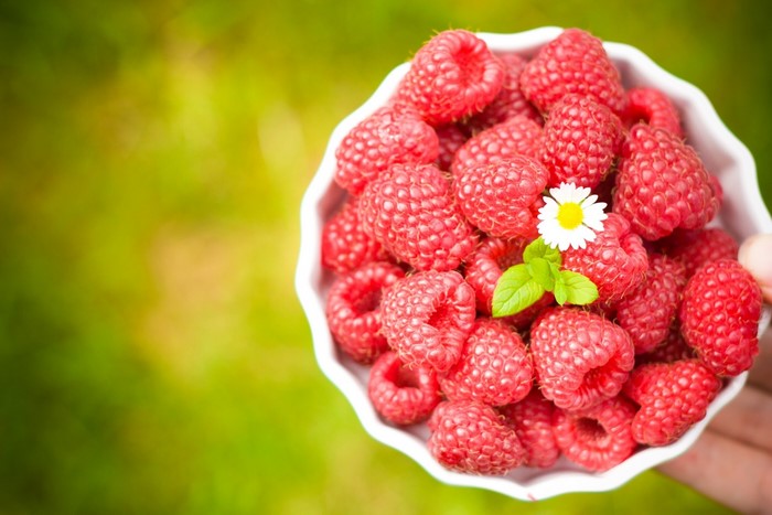 Bowl of fresh raspberries with a daisy and mint