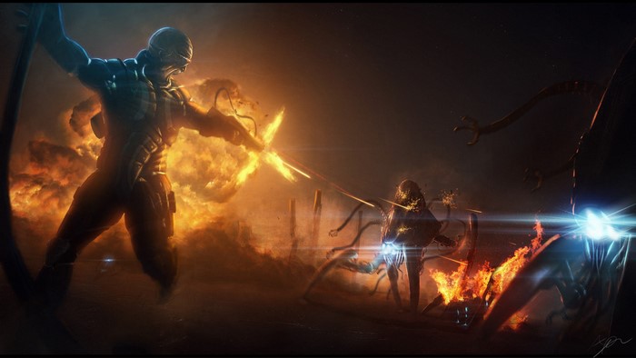 Warriors battling with fire and energy weapons