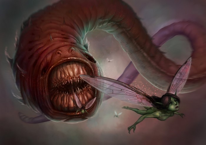 Monsters and Fairies in a Dark Fantasy Scene