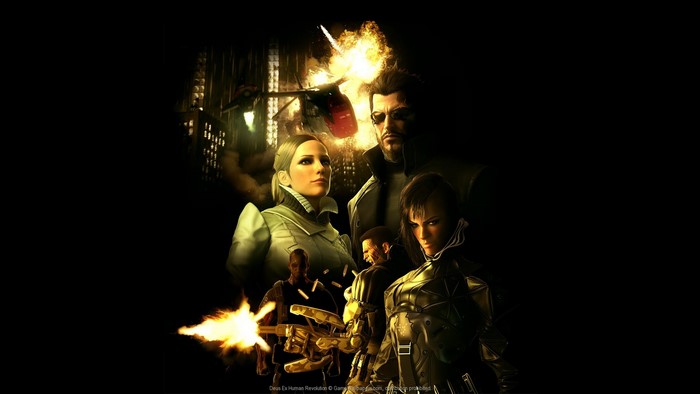 Characters from Deus Ex: Human Revolution with Helicopter Explosion