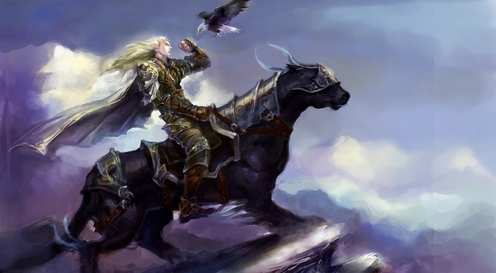 Elf warrior riding a black horse with an eagle