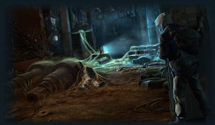 Stalker in a post-apocalyptic industrial ruin
