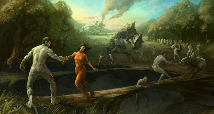 People and creatures in a chaotic landscape