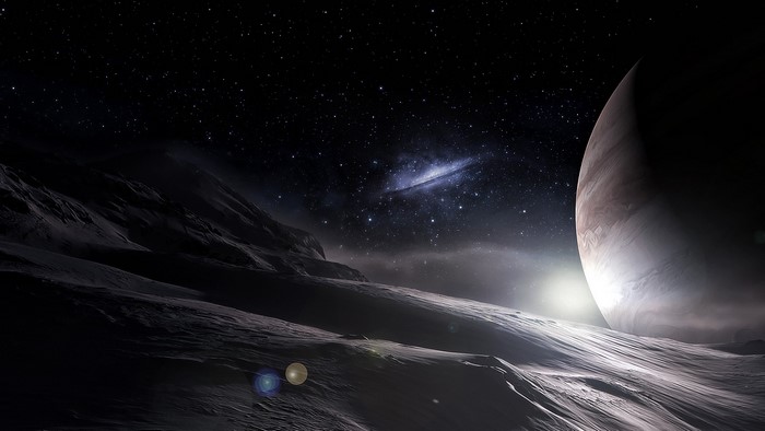 Alien planet surface with gas giant and galaxy