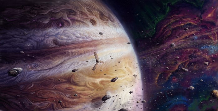 Jupiter and a satellite in space with asteroids and nebula