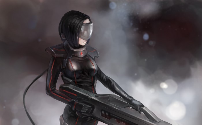 Woman in futuristic armor holding a large weapon