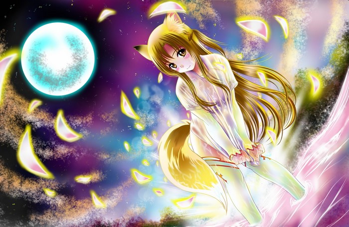 Anime girl with fox ears and tail under a large moon