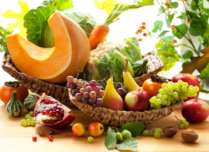 Assortment of Fruits and Vegetables in Baskets
