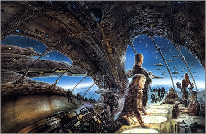 Luis Royo artwork of a futuristic space station with ships