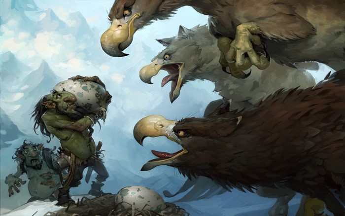 Goblins stealing eggs from griffins in snowy mountains