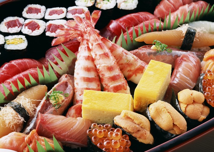 Assortment of fresh sushi and seafood