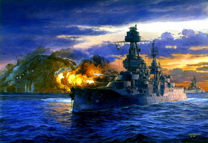 Battleships firing cannons at a mountainous island